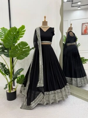 Elegante ropa de boda negra imitación Georgette Lehenga Choli con Dupatta para mujer Foto 1 de 4
