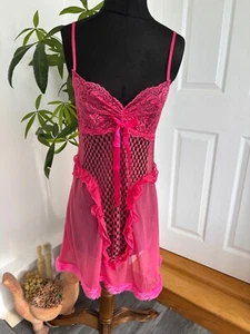 Vtg Babydoll Chemise Slip Dress Women's Size 8-10 Hot Pink Sheer Lace Faux Fur - Picture 1 of 11