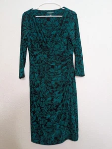 Lauren Ralph Lauren Dress 12 Green Floral Knee Length Career Faux Wrap 3/4 - Picture 1 of 8