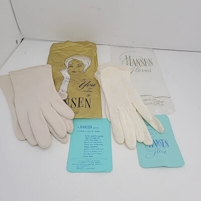 Lote De 2 Guantes Hansen De Colección Años 1950-60 Ópera Guantes de Muñeca Blanco Off con Bolsas Talla 7  Foto 1 de 4