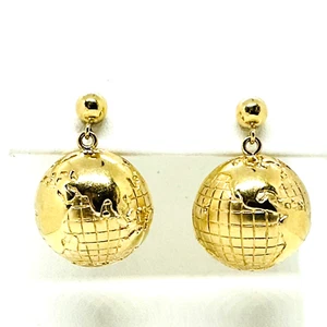 Retro 14k Yellow Gold World Travel Globe Pierced Post Dangle Earrings LM - Picture 1 of 12