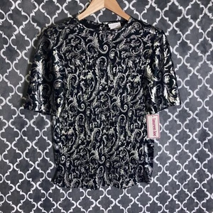 Vintage Lauren Lee Bluse Top Damen Größe Small Silber und Schwarz Neu Schlüsselloch - Bild 1 von 10
