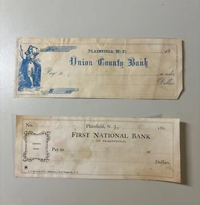 2 Antique Plainfield NJ Bank Checks - Picture 1 of 9