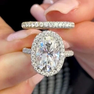 3 Ct Oval Cut VVS1 Moissanite Bridal Set Engagement Ring 14k White Gold Plated - Picture 1 of 10