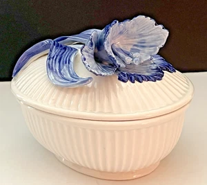Scatola portagioie ovale vintage 1991 Fitz & Floyd Tulip Bleu con coperchio - Foto 1 di 19