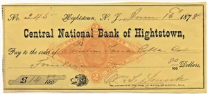 Revenue on Bank Check, Central Bank of Hightstown NY 1878 - Picture 1 of 2
