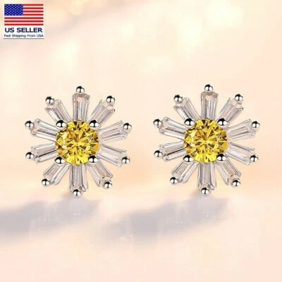 Women 925 Sterling Silver Jewelry Crystal Exquisite Sunflower Earrings Stud Hook - Image 1 of 4