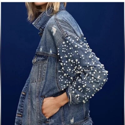 Sunset + Spring Denim Pearl Oversized Jacket Size XS Embellished Jean Jacket - Image 1 of 4