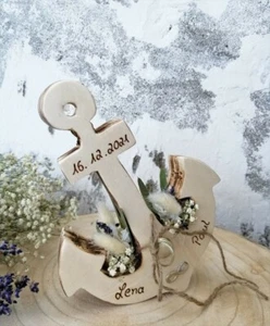 Vintagelook Hochzeit Ringkissen Ringhalter Holz Anker geflammt mit Namen - Bild 1 von 6