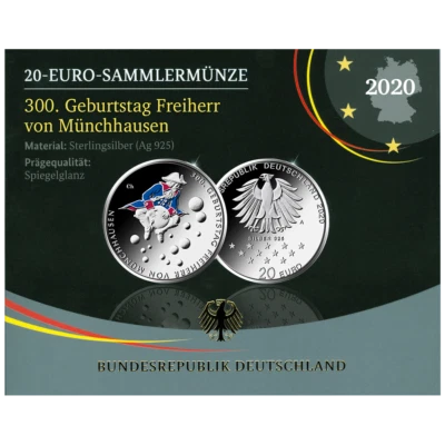 2020 Germany Proof Silver 20 Euro 300 Years Baron von Munchhausen UNC coin  - Image 1 of 3