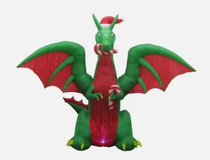 12' Navidad Inflable ANIMADO Caleidoscopio Verde y Rojo Dragón Usando Sombrero - Imagen 1 de 4