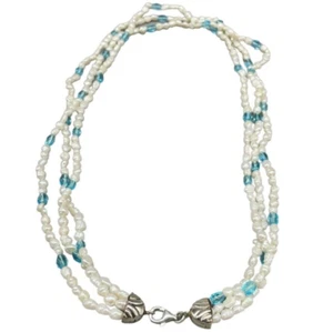 COLLANA GIROCOLLO DI PERLE BIANCHE E AZURRE ARGENTO 925 MULTIFILO TRIPLO VINTAGE - Foto 1 di 15