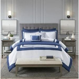 NEW! ~ MODERN ELEGANT CHIC LUXURY HOTEL SOFT NAVY BLUE WHITE QUILT COMFORTER SET - Picture 1 of 6