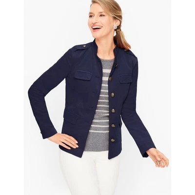 Talbots Velveteen Band Collar Military Style Jacket Size 10 Navy Blue - Image 1 of 4