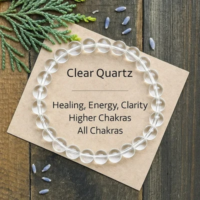 Pulsera para mujer delicada de cuarzo transparente natural de 8 mm con cuentas redondas de cristal curativo Foto 1 de 4
