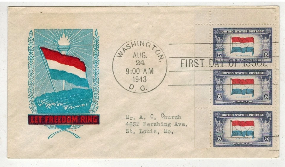 1943 WW2 Patriotic FDC CORNER STRIP OF 3 OVERRUN COUNTRIES 913 NETHERLANDS - Image 1 of 1