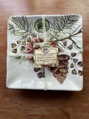 Michel Design Works 4 WHITE SPRUCE Melamine 6” X 6” Serveware Canape Plates - Image 1 of 3