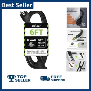 BN-LINK 6ft Cavo di Prolunga da Esterno, 12/3 SJTW Cavo di Alimentazione Resistente, 3 Punte... - Foto 1 di 10
