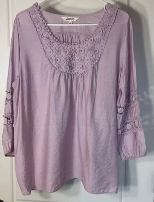 Top de cabaña campesina boho manga 3/4 Krazy Kat Liliac con bordados y perlas L Foto 1 de 4