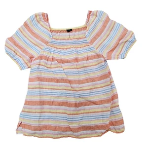 Talbots Women's Top Size L 100% Linen Pastel Rainbow Stripe Puff Sleeve Peasant - Picture 1 of 4