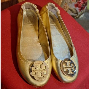 Tory Burch Shoes Ballet Flats Women's 6.5 / 37 EU Gold Metallic Logo Classic - Picture 1 of 8
