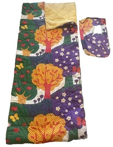 Vtg Sleeping Bag Cotton Quilt 60s 70s Retro Flower Power Apple Orchard, Zipper - Picture 1 of 17