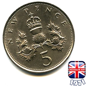 Eine britische 1971 Elizabeth II Five Pence 5p Münze, 54 Jahre alt!  - Bild 1 von 2