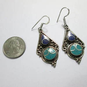 Pendientes Tibetanos Vintage Hechos a Mano Piedra Turquesa Lapislázuli Colgantes - Imagen 1 de 3