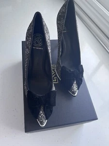 Kurt Geiger Ladies Shoes Black & Silver Glitter Shoes With Black Velvet Bow - Imagen 1 de 10
