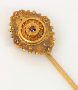 ANTIQUE BEAUTIFUL ETRUSCAN 14K YELLOW GOLD RED GARNET HAT STICK PIN 2.2 GRAMS - Picture 1 of 2