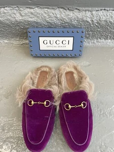 Authentic GUCCI WMNS Horsebit Princetown Purple Velvet Fur Loafers Sz 37EU - Picture 1 of 12