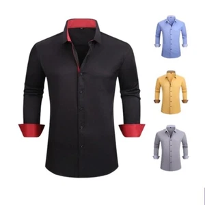 New Men's Elastic Dress Shirts Formal Business Long Sleeves Casual Shirts Tops - Picture 1 of 28