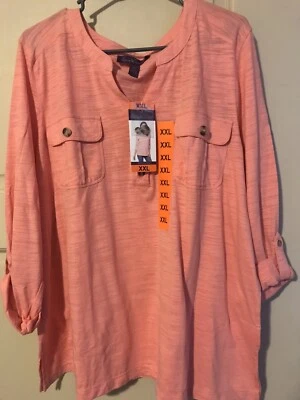 NUEVA Mujer 2X Camisa Coral Naranja Blusa Carrera XXL Túnica Rollo Mangas Botones 3/4 Foto 1 de 4