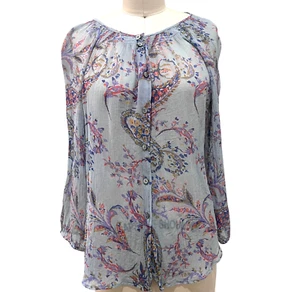 Sundance 100% Crinkled Sheer 100% Silk Top SZ Med Floral 3/4 Sleeve Blouse - Picture 1 of 8
