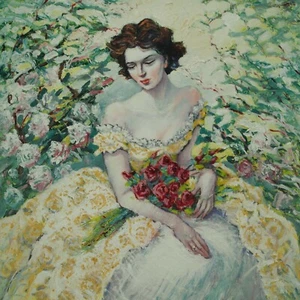 Beautiful Woman In Flower Garden Red Rose Bouquet Oil Painting Framed Canvas Art - Picture 1 of 12