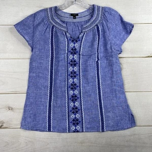 Talbots Top Womens MP Blue Linen Embroidered Floral V Neck Pullover Preppy Beach - Picture 1 of 10