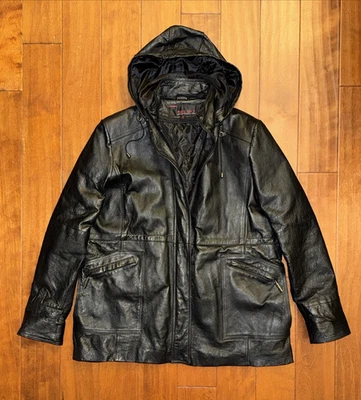 Phase 2 Black Leather Jacket Mens 2XL Quilted Liner Zip Up Coat Removable Hood - Image 1 of 4