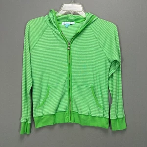 FRESH PRODUCE Womens S Green Striped Full Zip Hoodie Preppy Pocket Jacket USA - Picture 1 of 9