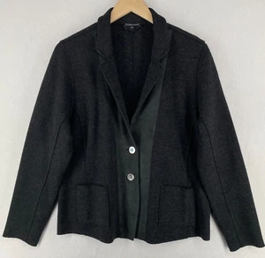 EILEEN FISHER Blazer L Felted Merino Wool Doubleknit Lamb Leather Trim Gray - Picture 1 of 12