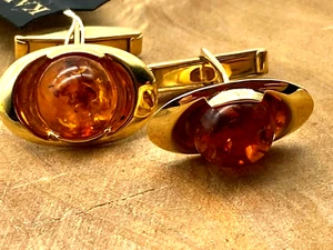 Absolutely Beautiful Genuine Gold 14K 0.585 Real Amber Stone Cuff-links 6.06g - Picture 1 of 12