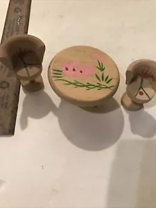 Vintage Dolls House Round Table & 2 Chairs Miniature Unfinished Painted Wood - Picture 1 of 4