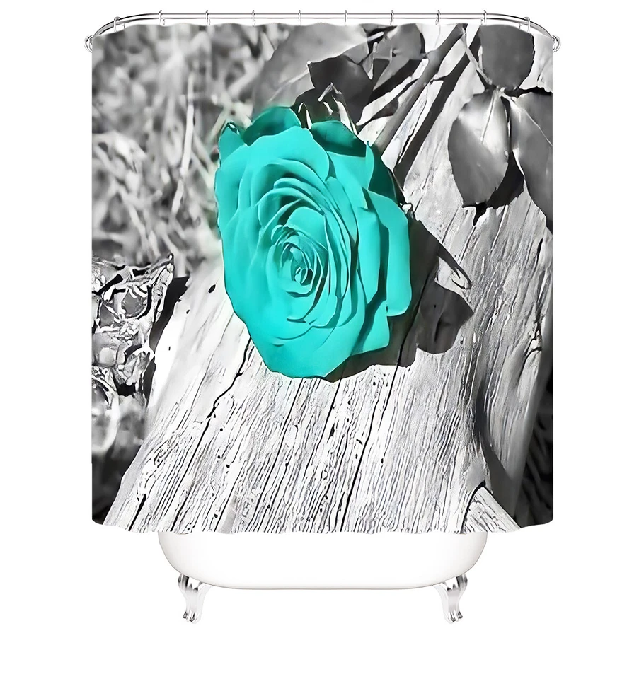 Rose Shower Curtain Rug Set Thick Bath Mat Non-Slip Bathroom Toilet Lid Cover - Image 1 of 4