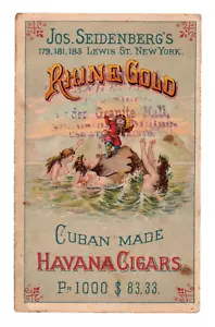 Tarjeta comercial de cigarros dorados del Rin de Seidenberg c1880 gnomo atrapado sirenas en topless - Imagen 1 de 2