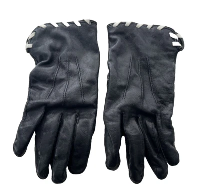 黑色皮革白色蕾丝 100% 现金衬里驾驶手套女式小号 — 第 1/3 张图片