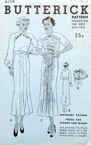 RARE 1930s BUTTERICK 6398 BUST 40 DRESS RAGLAN SLEEVE VARIATIONS UC/FF - Picture 1 of 6