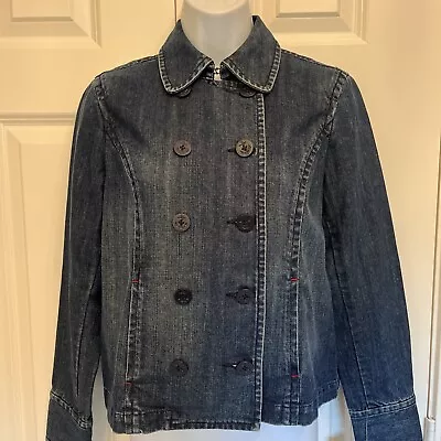 NUEVO CON ETIQUETAS Liz Claiborne Petite 8 Azul Denim Jean Chaqueta Náutica Doble Botón Darling Foto 1 de 4