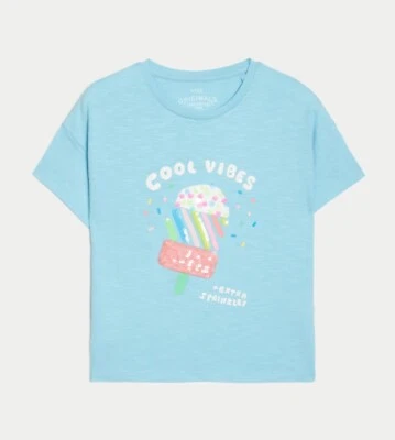GIRLS COTTON RICH ICE-CREAM COOL VIBES SEQUIN T-SHIRT AGE 6-7 YEARS (REF 639) - Image 1 of 3