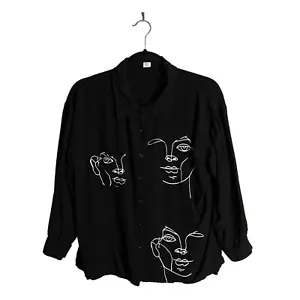 Women's Black/White Minimalist Face Sketch Print Button Down Shirt Sz S - Bild 1 von 6