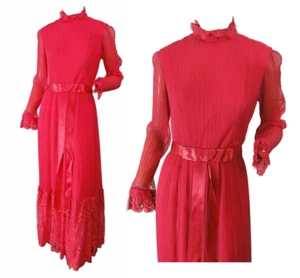 Miss Elliette Chiffon Prom Dress 70s Formal Ball Gown Pleated Vintage Hot Pink - Picture 1 of 9