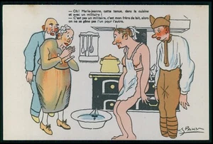 dd art SPAHN cómic humor desnudo tema soldado y mujer original antigua década de 1950 postal - Imagen 1 de 2